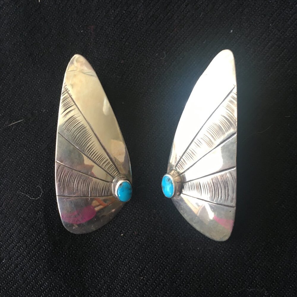 Native American Indian Silver and Turquoise Vintage "Wings" Earrings, Clip Back